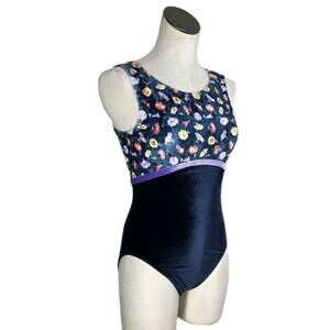 GK Elite VTG Navy Purple Floral Velvet Tank Leotard Wide Straps AXL Adult XL